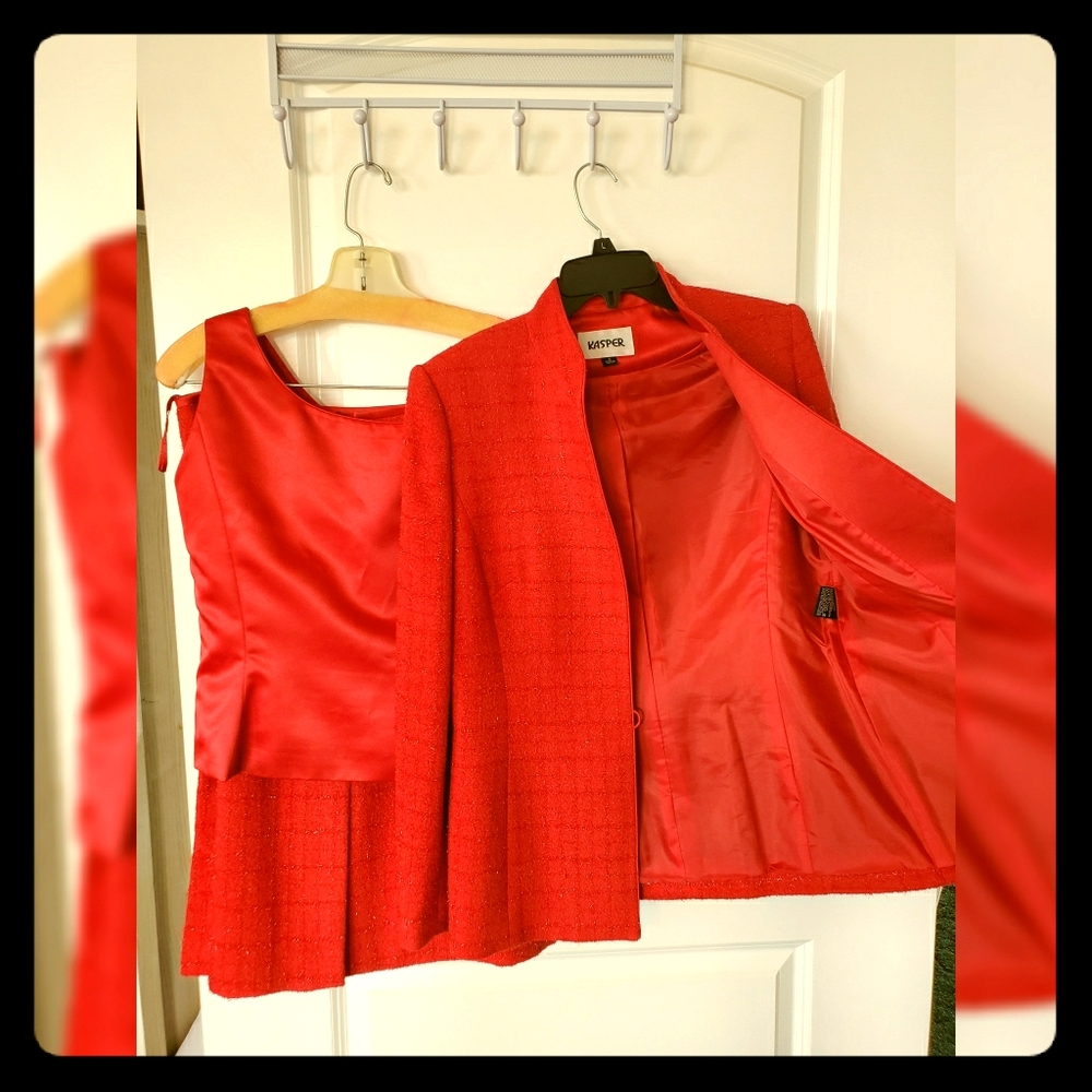 Vintage Red Tweed/Silk 3pc Skirtsuit